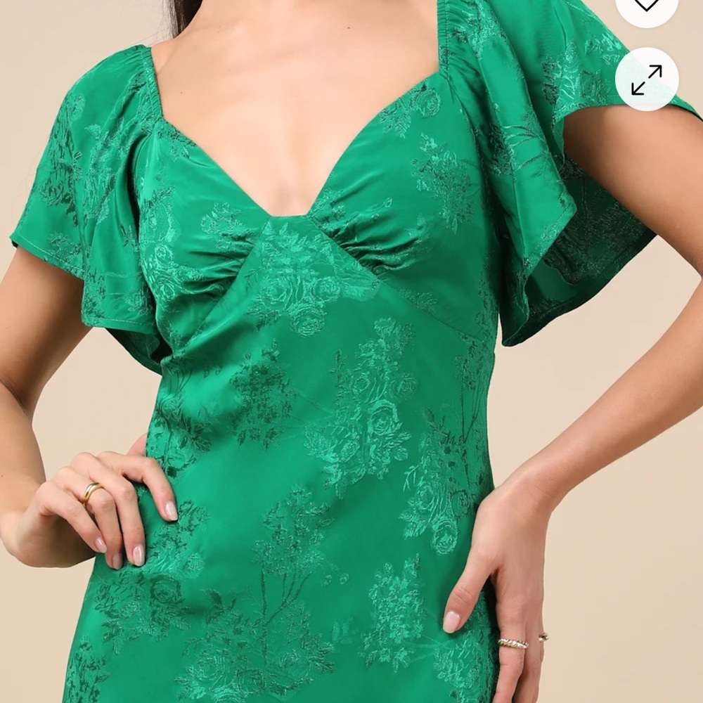 Effervescent Afternoon Green Satin Flutter Sleeve Midi Dress - Picture 4 of 4
